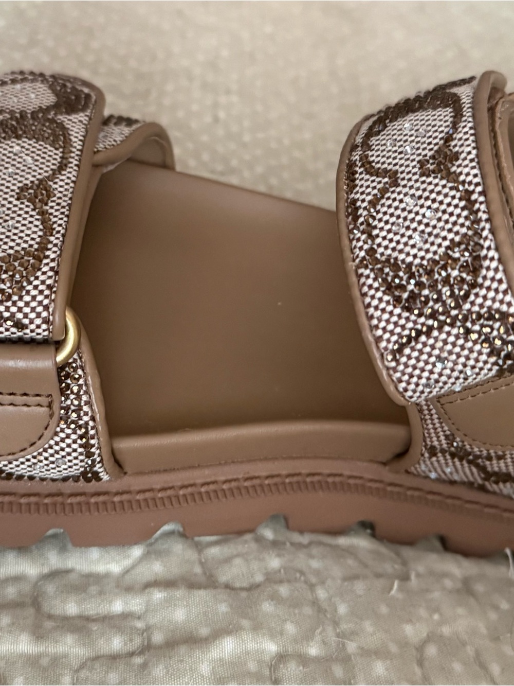 Coach Tan Logo Velcro Strap Sandals Brynn Sandalin Crystal Signature Tan 8.5B - Picture 2 of 11